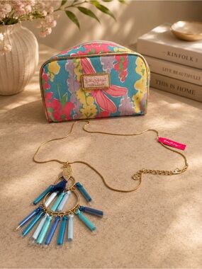 Lilly Pulitzer peacock necklace with Floral Cosmetic Pouch in Multi-Color NWT
